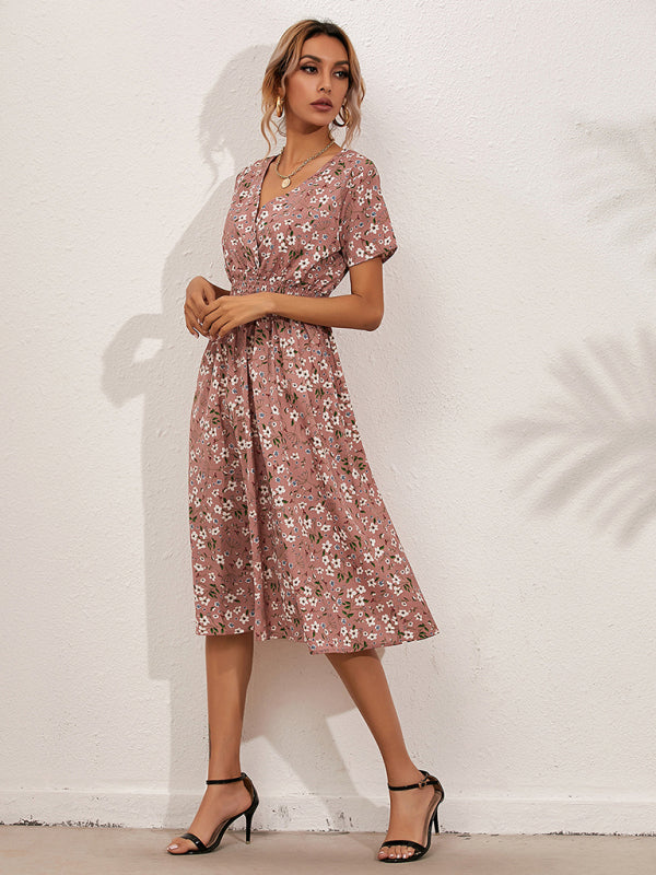 Dress- Garden Floral Smocked Waist A-Line Short Sleeve Midi Dress- - Pekosa Women Clothing