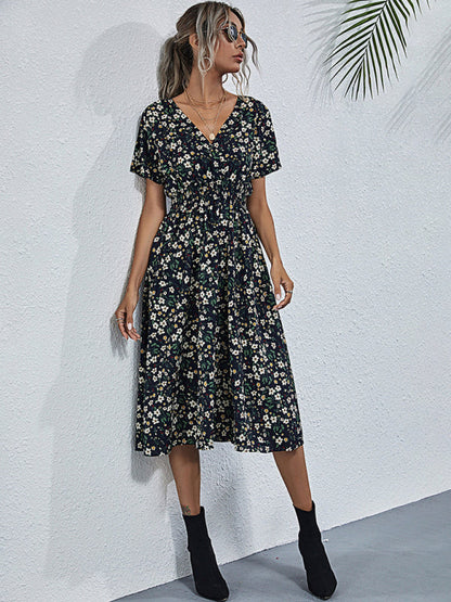 Dress- Garden Floral Smocked Waist A-Line Short Sleeve Midi Dress- Black- Pekosa Women Clothing