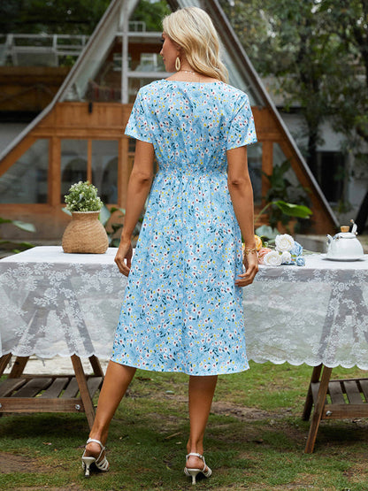 Dress- Garden Floral Smocked Waist A-Line Short Sleeve Midi Dress- - Pekosa Women Clothing