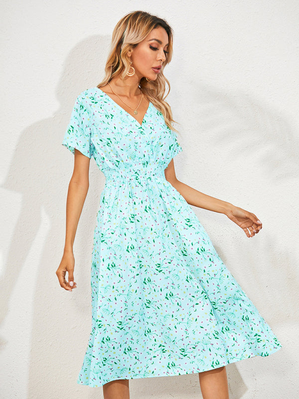 Dress- Garden Floral Smocked Waist A-Line Short Sleeve Midi Dress- Pale green- Pekosa Women Clothing