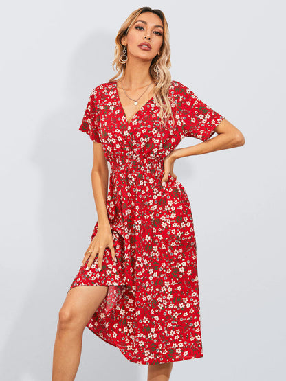 Dress- Garden Floral Smocked Waist A-Line Short Sleeve Midi Dress- Red- Pekosa Women Clothing