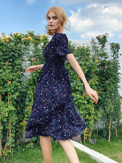 Dress- Garden Floral Smocked Waist A-Line Short Sleeve Midi Dress- Navy Blue- Pekosa Women Clothing