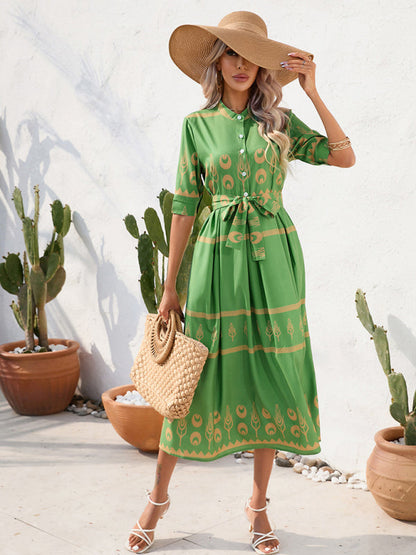 Dress- Geometric Print Belt Tie Flat Collar Midi Dress- Green- Pekosa Women Clothing