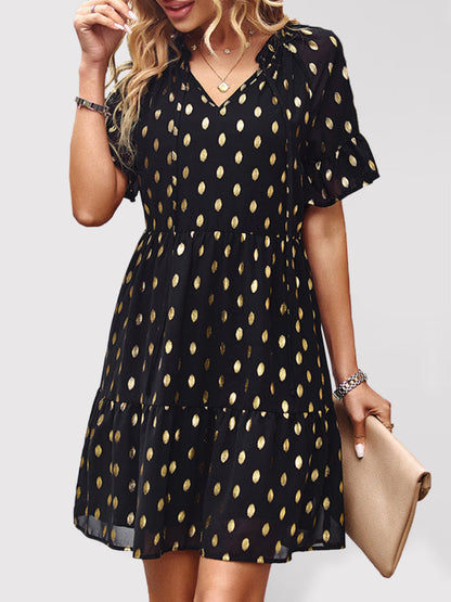 Dress- Golden Polka Dot Mini Dress: The Summer Must-Have!- Black- Pekosa Women Clothing