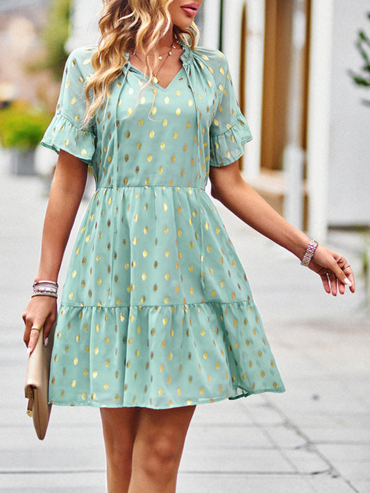 Dress- Golden Polka Dot Mini Dress: The Summer Must-Have!- Green- Pekosa Women Clothing