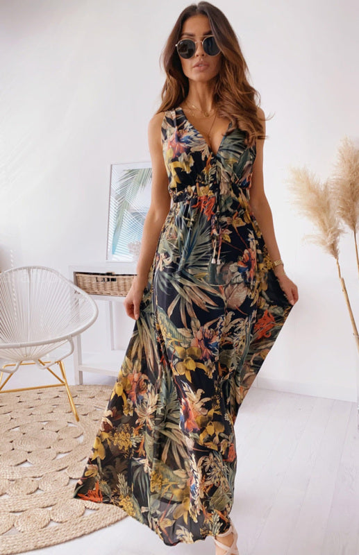 Dress- Indulge Boho Chic with The Women's Vacation Vintage V-neck Maxi Dress- - Pekosa Women Clothing