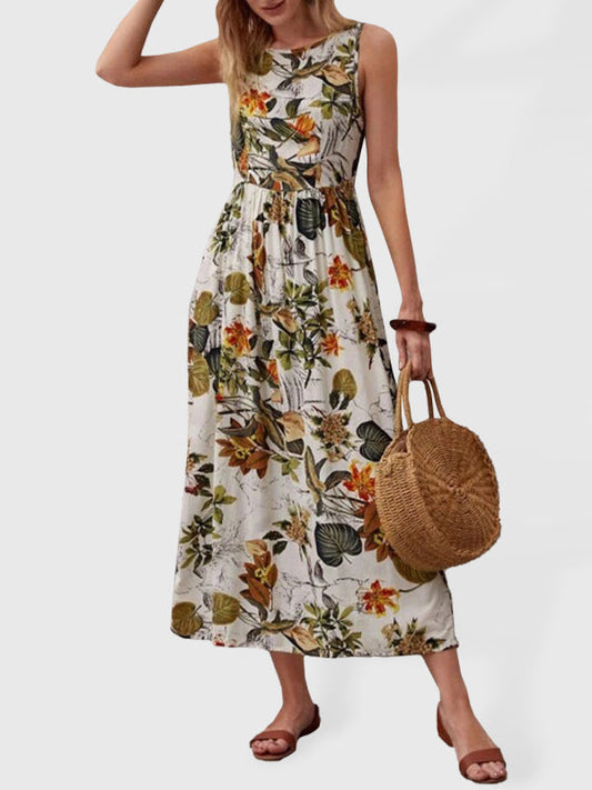 Dress- Leafy Floral Crew Neck Fit and Flare Tank Midi Dress- Floral- Pekosa Women Clothing