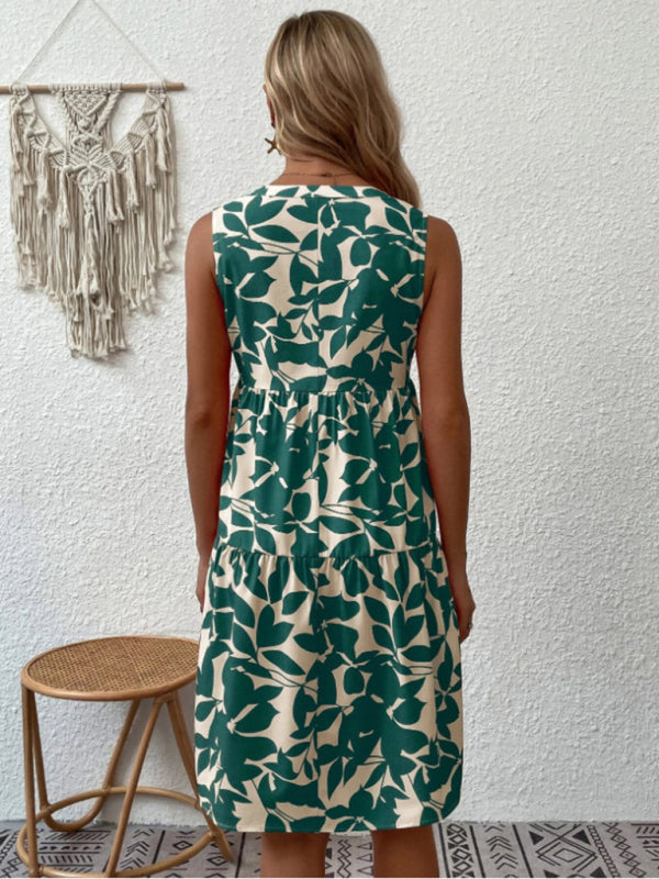 Dress- Leafy Tiered Ruffle Leaf Print Tank Dress- - Pekosa Women Clothing