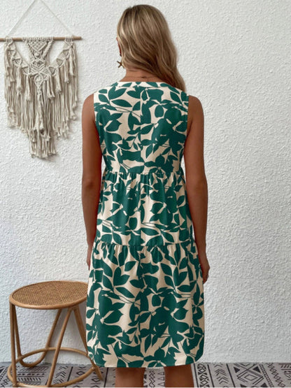 Dress- Leafy Tiered Ruffle Leaf Print Tank Dress- - Pekosa Women Clothing