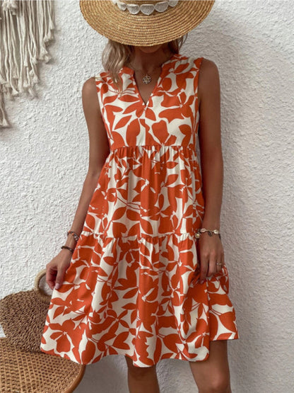 Dress- Leafy Tiered Ruffle Leaf Print Tank Dress- Orange- Pekosa Women Clothing