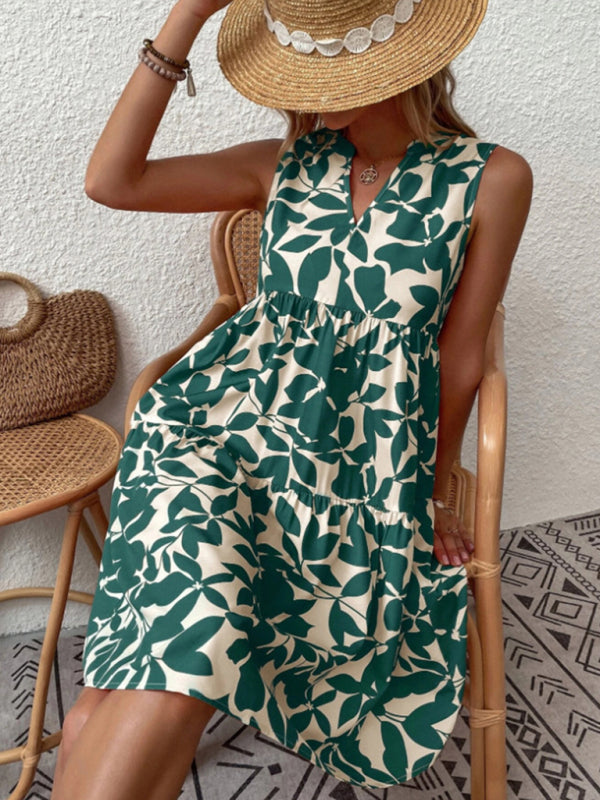 Dress- Leafy Tiered Ruffle Leaf Print Tank Dress- - Pekosa Women Clothing