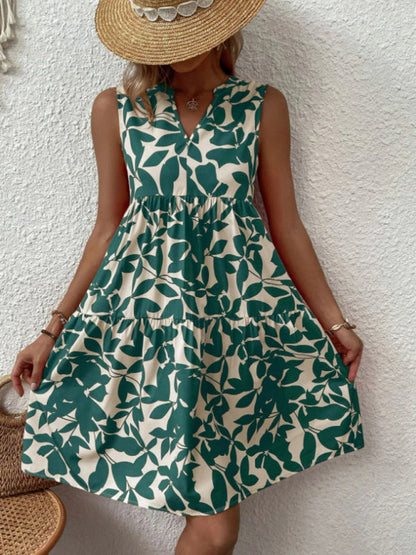 Dress- Leafy Tiered Ruffle Leaf Print Tank Dress- Green- Pekosa Women Clothing