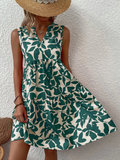 Dress- Leafy Tiered Ruffle Leaf Print Tank Dress- - Pekosa Women Clothing