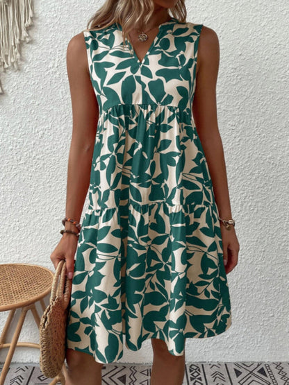 Dress- Leafy Tiered Ruffle Leaf Print Tank Dress- - Pekosa Women Clothing