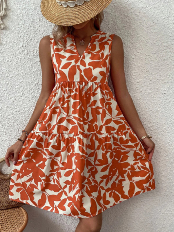 Dress- Leafy Tiered Ruffle Leaf Print Tank Dress- - Pekosa Women Clothing