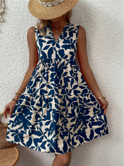 Dress- Leafy Tiered Ruffle Leaf Print Tank Dress- Blue- Pekosa Women Clothing