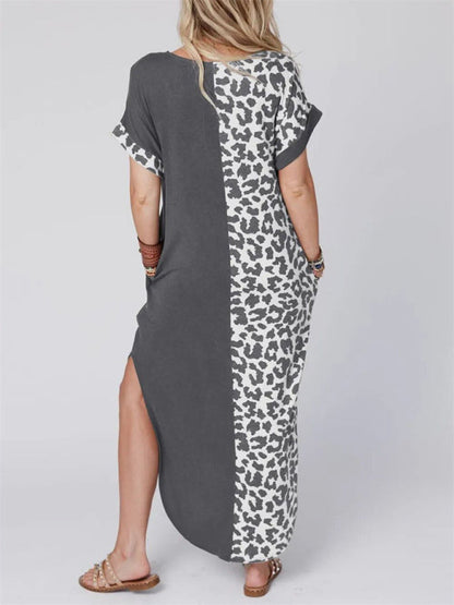 Dress- Leopard Print Long T-Shirt Dress with pockets- Perfect for Any Occasion!- - Pekosa Women Clothing