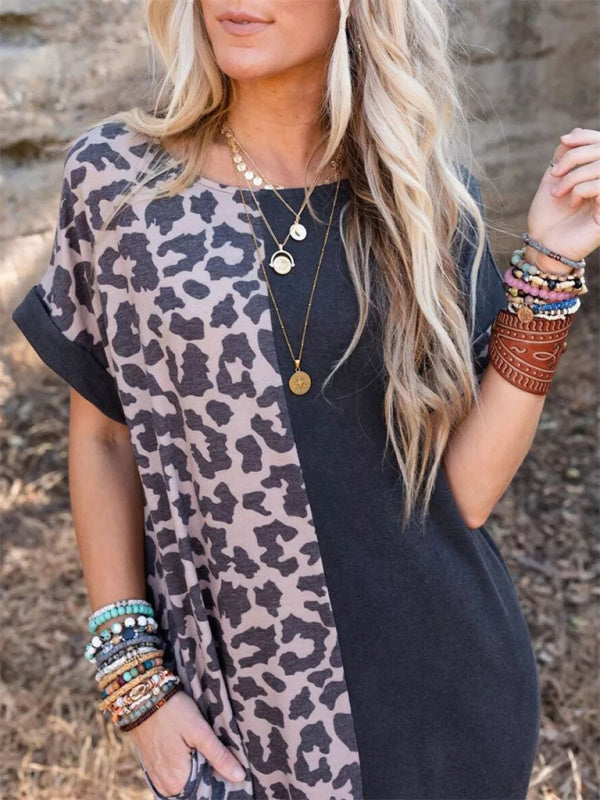 Dress- Leopard Print Long T-Shirt Dress with pockets- Perfect for Any Occasion!- - Pekosa Women Clothing