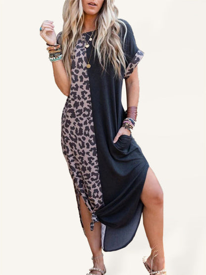 Dress- Leopard Print Long T-Shirt Dress with pockets- Perfect for Any Occasion!- Black- Pekosa Women Clothing