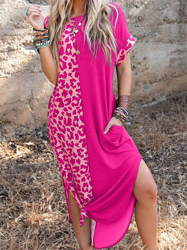 Dress- Leopard Print Long T-Shirt Dress with pockets- Perfect for Any Occasion!- Rose- Pekosa Women Clothing