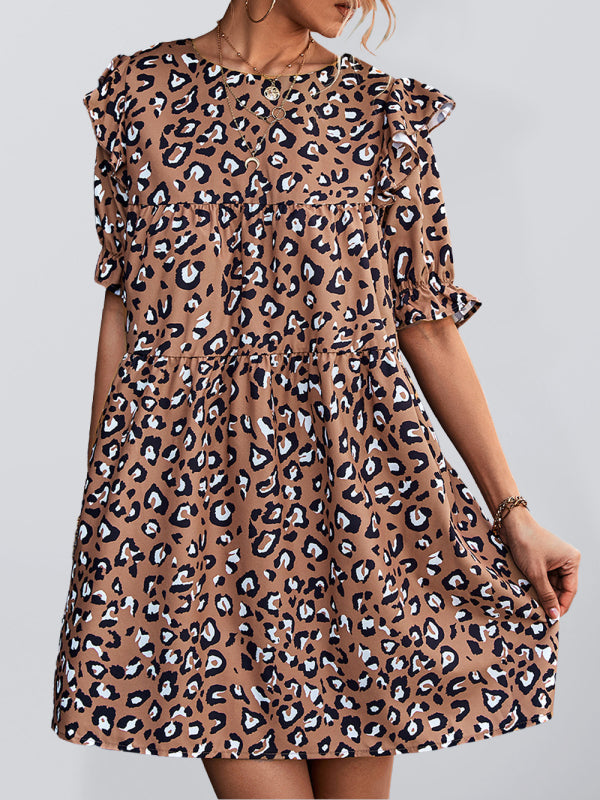 Dress- Leopard Print Puff Sleeve Mini Dress - The Perfect Versatile Piece for Any Occasion- Coffee- Pekosa Women Clothing