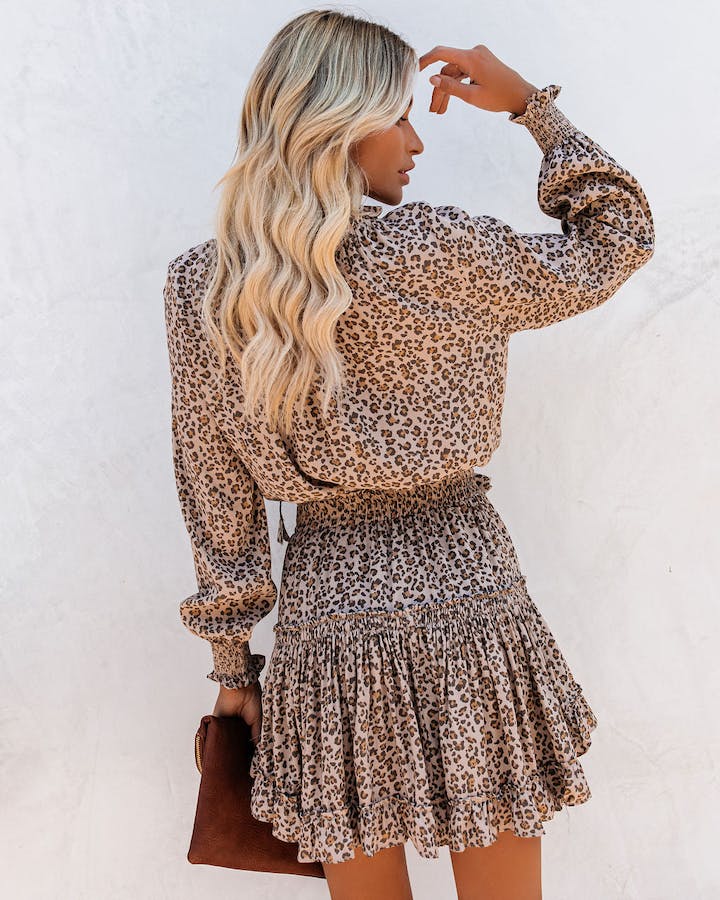 Dress- Leopard Print Smocked Waist Tiered Blouson Mini Dress- - Pekosa Women Clothing