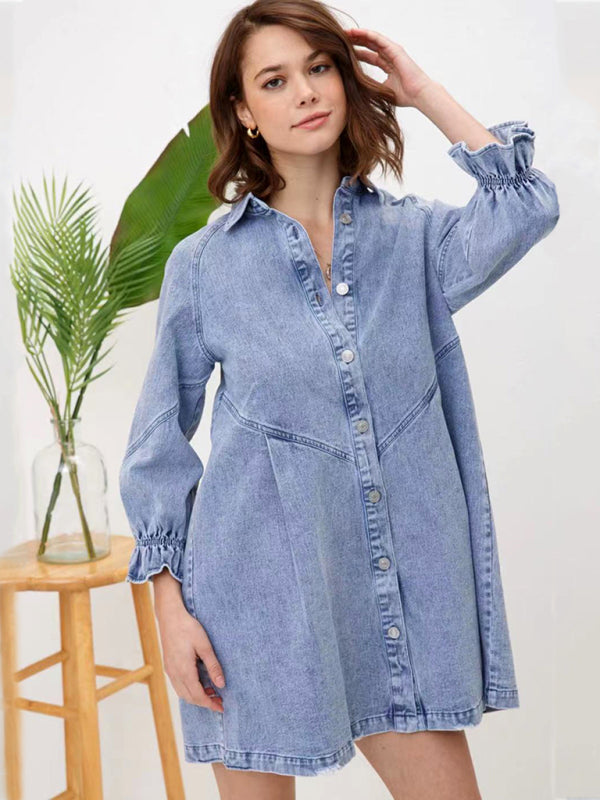 Dress- Loose Denim Washed Cotton Oversized Shirt Dress- - Pekosa Women Clothing