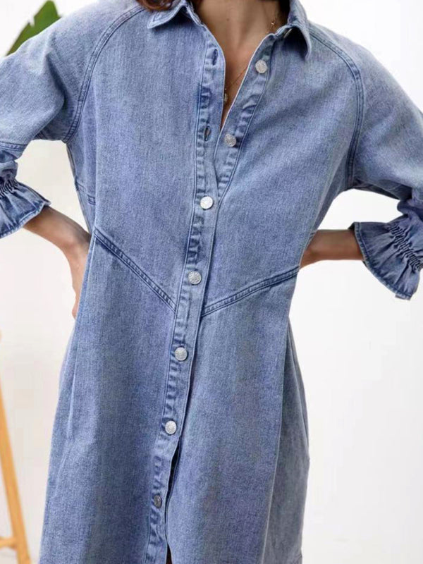 Dress- Loose Denim Washed Cotton Oversized Shirt Dress- - Pekosa Women Clothing