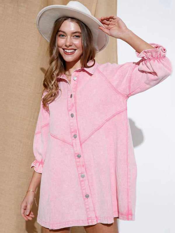 Dress- Loose Denim Washed Cotton Oversized Shirt Dress- - Pekosa Women Clothing