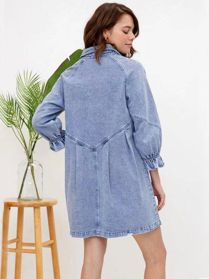 Dress- Loose Denim Washed Cotton Oversized Shirt Dress- - Pekosa Women Clothing