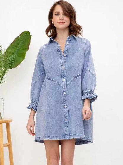 Dress- Loose Denim Washed Cotton Oversized Shirt Dress- Clear blue- Pekosa Women Clothing