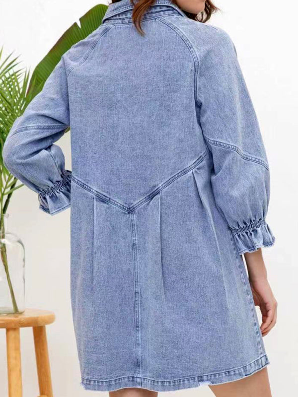 Dress- Loose Denim Washed Cotton Oversized Shirt Dress- - Pekosa Women Clothing