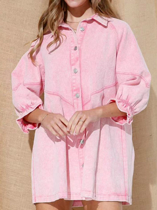 Dress- Loose Denim Washed Cotton Oversized Shirt Dress- Pink- Pekosa Women Clothing