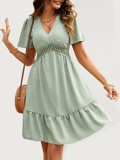 Dress- Lotus Leaf Sleeve V-Neck Mini Dress- Green- Pekosa Women Clothing