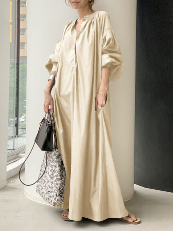 Dress- Maxi Tunic Dress for Women - Japanese Design, Oversized Fit, and Cotton Fabric- Bronze Beige- Pekosa Women Clothing