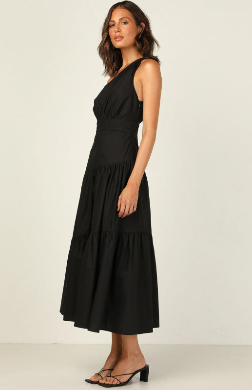 Dress- One Shoulder Cotton Midi Dress- Black- Pekosa Women Clothing