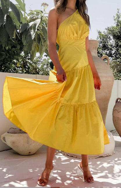 Dress- One Shoulder Cotton Midi Dress- Yellow- Pekosa Women Clothing