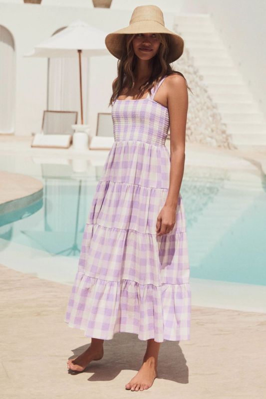 Dress- Plaid Tiered Shirred Cami Maxi Dress- - Pekosa Women Clothing