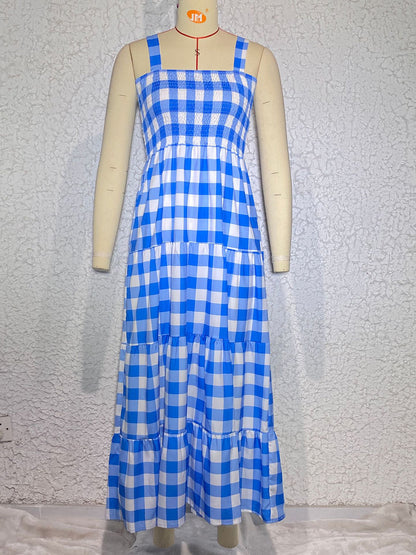 Dress- Plaid Tiered Shirred Cami Maxi Dress- - Pekosa Women Clothing