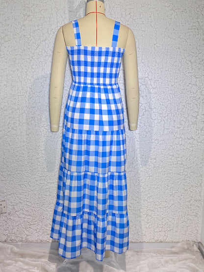 Dress- Plaid Tiered Shirred Cami Maxi Dress- - Pekosa Women Clothing