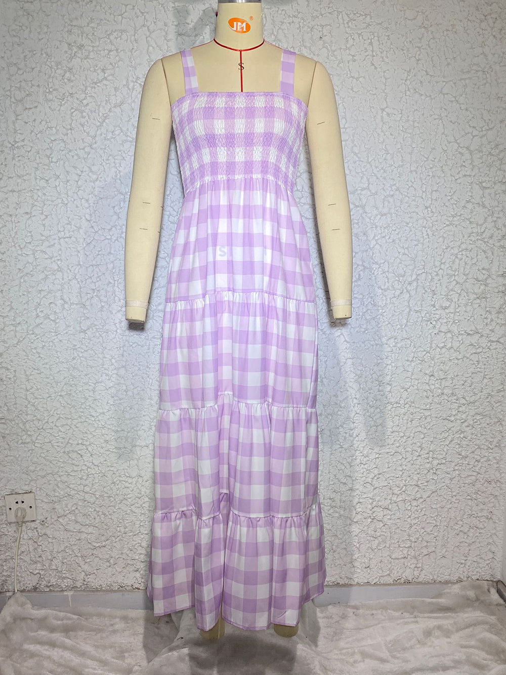 Dress- Plaid Tiered Shirred Cami Maxi Dress- - Pekosa Women Clothing