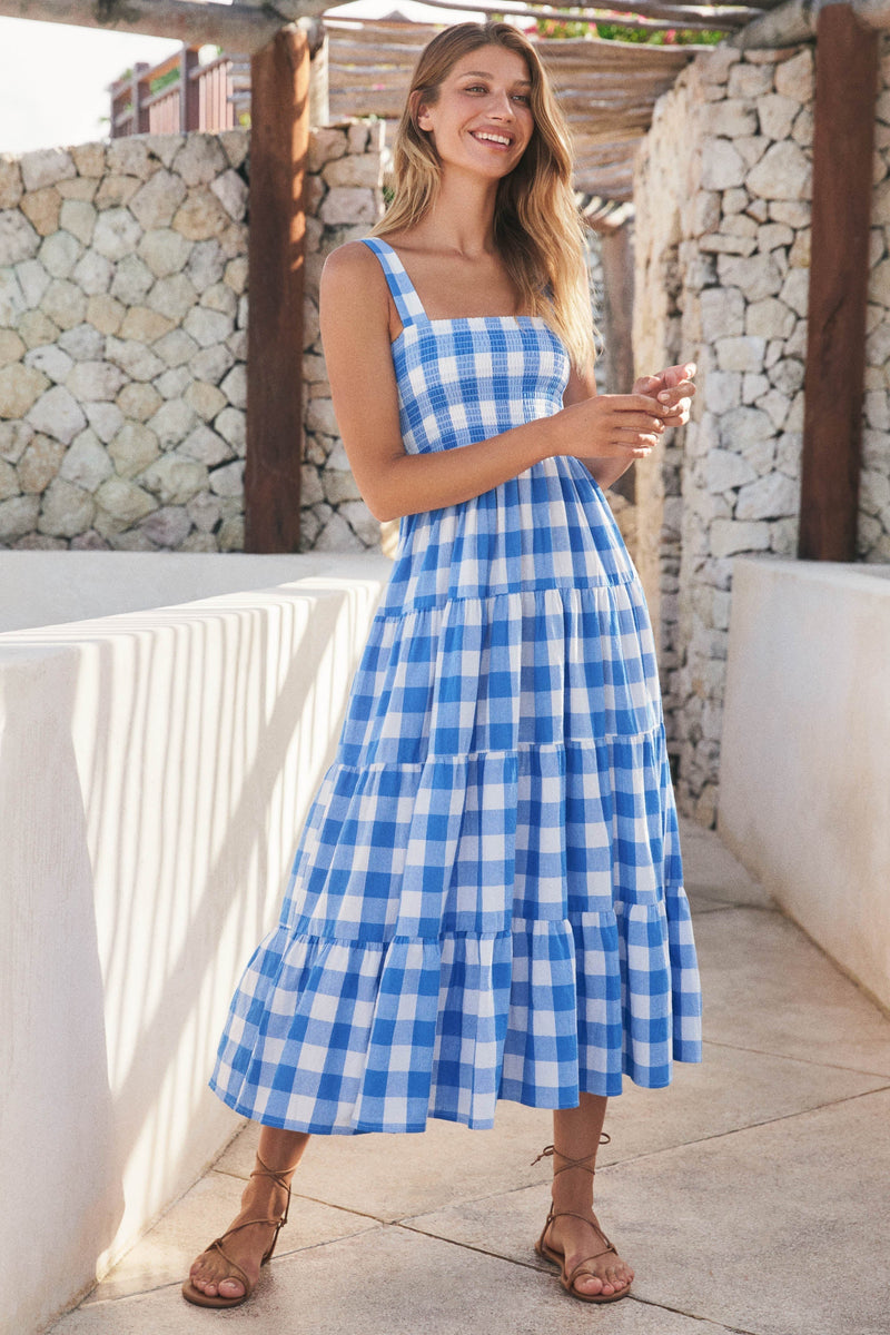 Dress- Plaid Tiered Shirred Cami Maxi Dress- - Pekosa Women Clothing