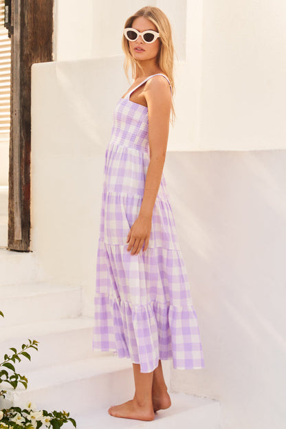 Dress- Plaid Tiered Shirred Cami Maxi Dress- - Pekosa Women Clothing