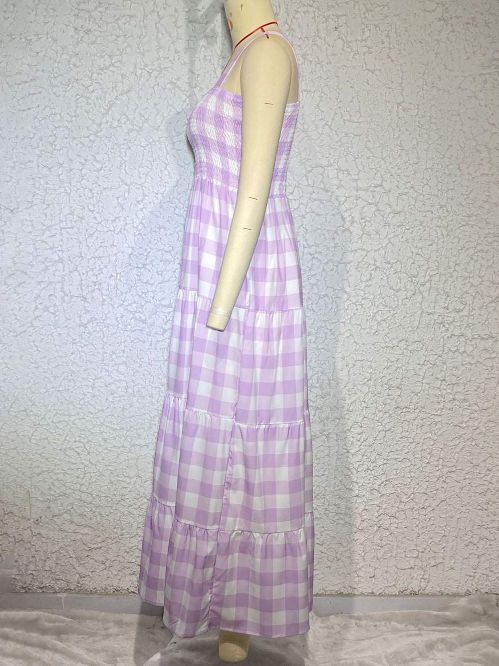 Dress- Plaid Tiered Shirred Cami Maxi Dress- - Pekosa Women Clothing