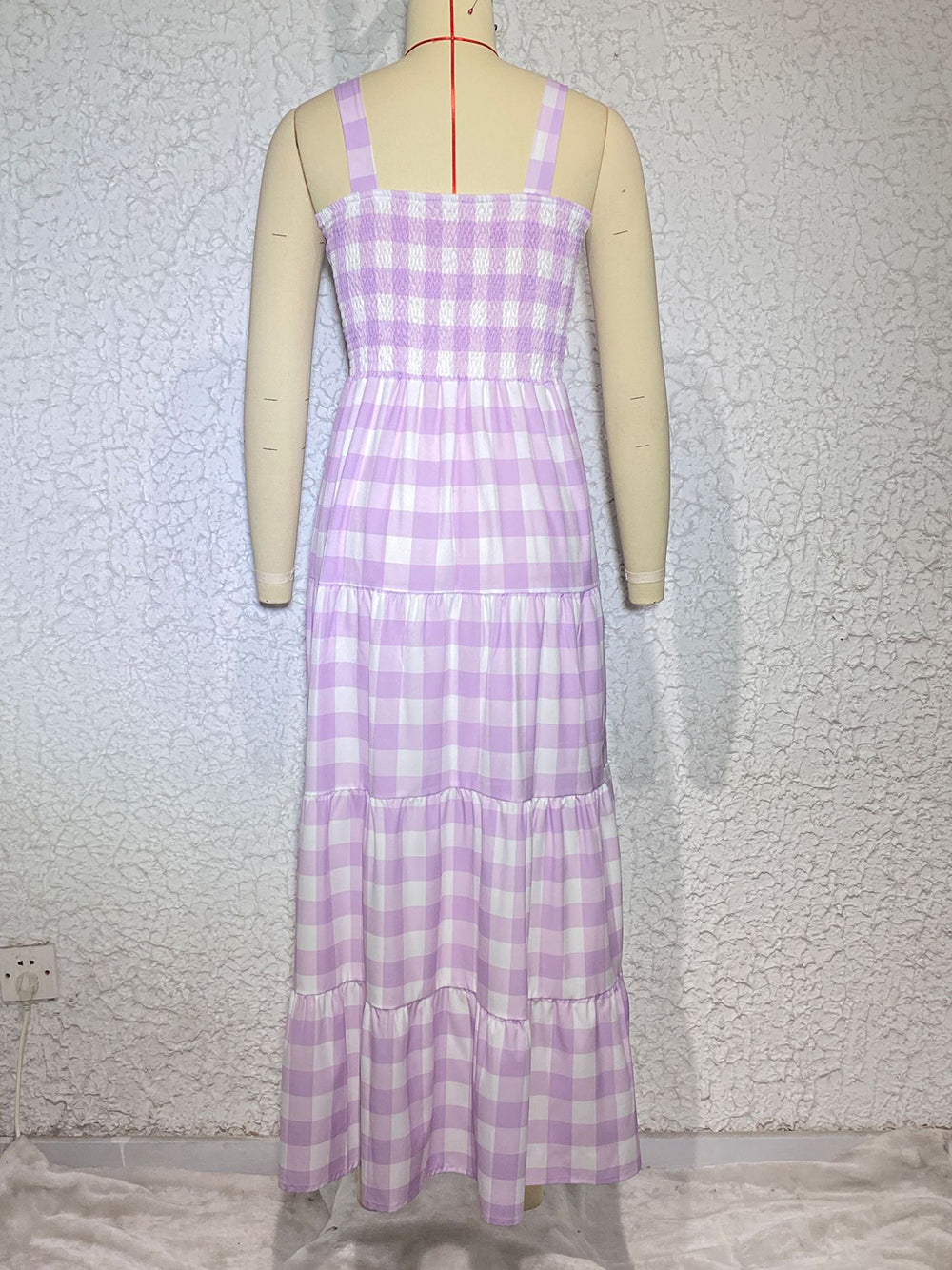 Dress- Plaid Tiered Shirred Cami Maxi Dress- - Pekosa Women Clothing