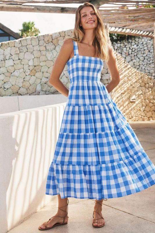 Dress- Plaid Tiered Shirred Cami Maxi Dress- Blue- Pekosa Women Clothing