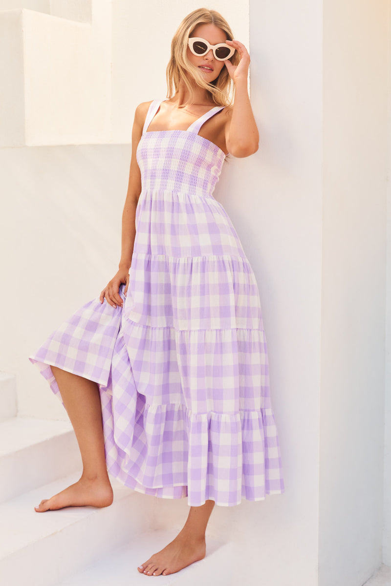 Dress- Plaid Tiered Shirred Cami Maxi Dress- Purple- Pekosa Women Clothing