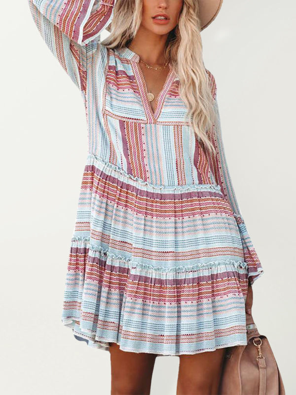 Dress- Printed Perfection: Women's Casual Dress with Stitching Detail- - Pekosa Women Clothing