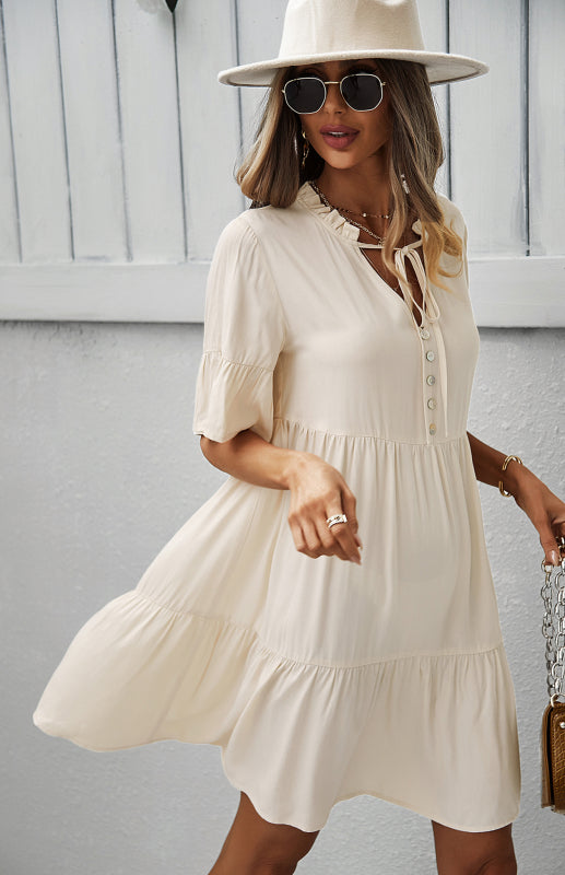 Dress- Relaxed Elegance: V-Neck Ruffle Mini Dress - Hurry, Shop Now!- - Pekosa Women Clothing