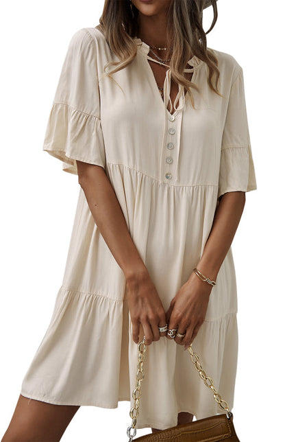 Dress- Relaxed Elegance: V-Neck Ruffle Mini Dress - Hurry, Shop Now!- - Pekosa Women Clothing